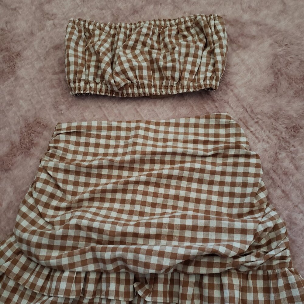 Brown Checkered Two-Piece Dress